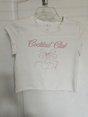 Garage Cocktail Club White Cherry Bow Crop Baby Tee